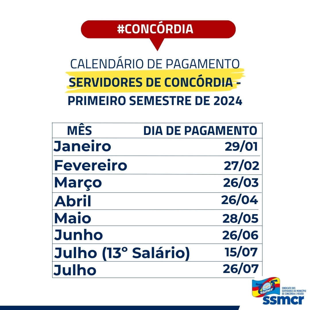 CALENDÁRIO DE PAGAMENTO - SERVIDORES DE CONCÓRDIA