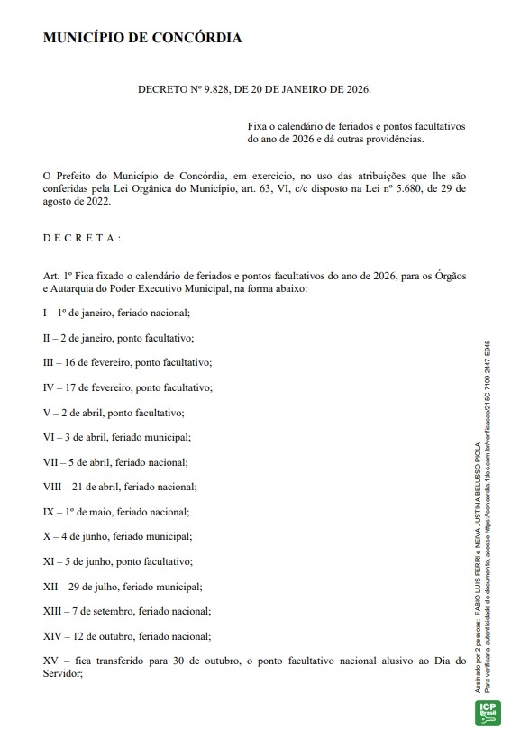 Calendário de feriados e pontos facultativos no âmbito do...