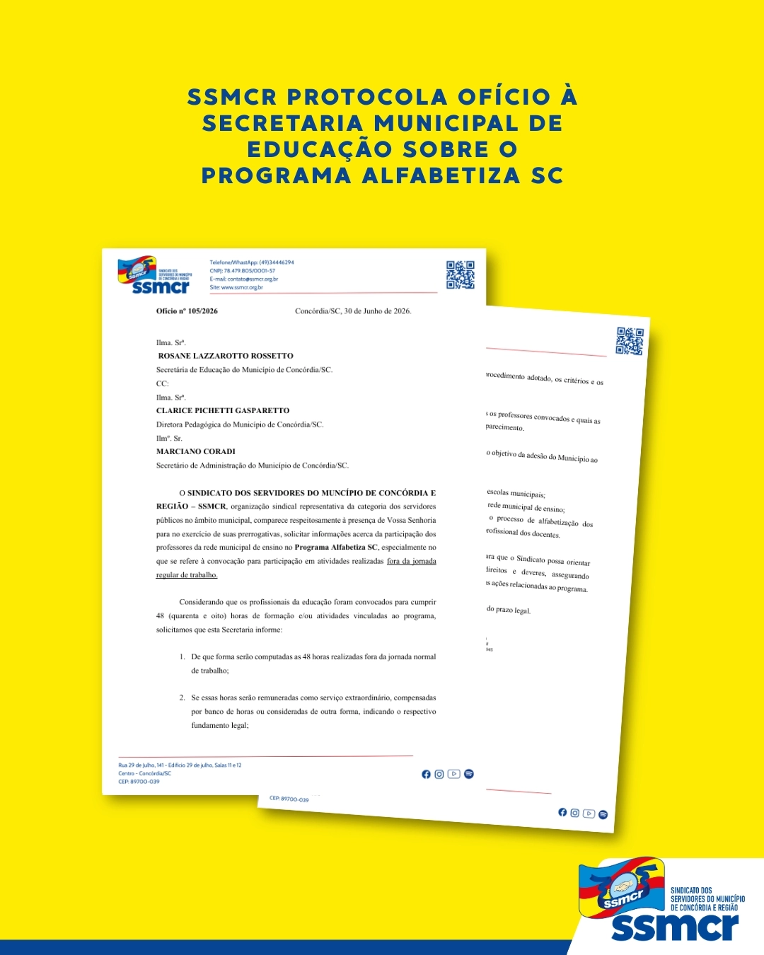 SSMCR protocola ofício à Secretaria Municipal de Educação...